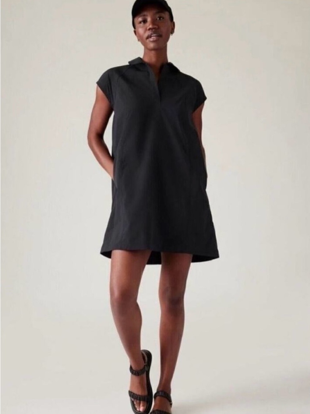 Athleta Performance Poplin Black Cap-Sleeve Shirt Dress